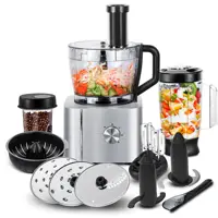 Système de cuisine professionnel 1100W, robot culinaire multifonctionnel 11 en 1 avec bol de 3,2 L + broyeur/mixeur/chopper de 1,5 L Compact argent 1