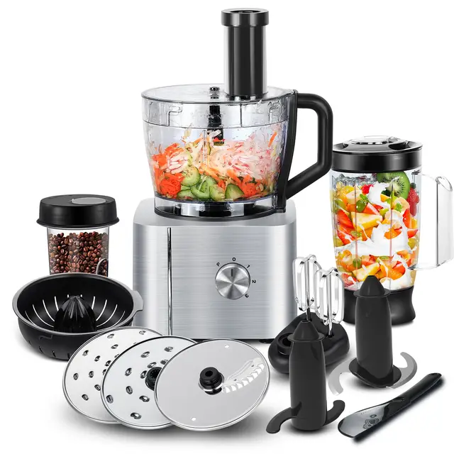 Système de cuisine professionnel 1100W, robot culinaire multifonctionnel 11 en 1 avec bol de 3,2 L + broyeur/mixeur/chopper de 1,5 L Compact argent 1