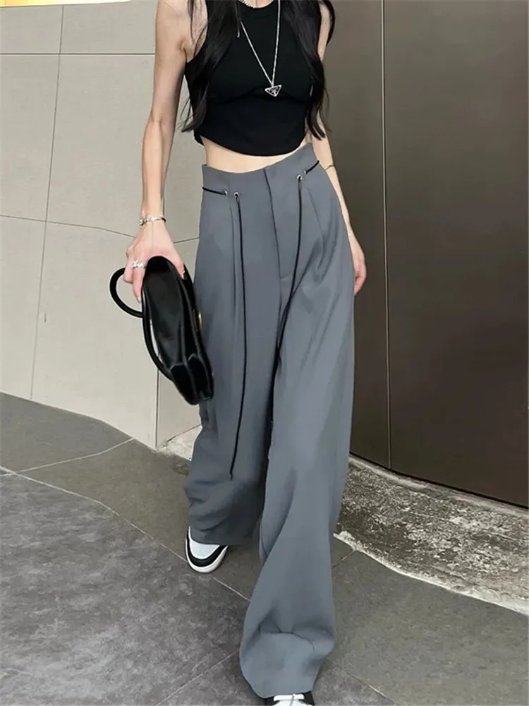 Chiffon Casual Pants Women 2023 Spring New Straight Loose High Waist Wide  Leg Pants Female Lace-Up Solid Trousers - AliExpress