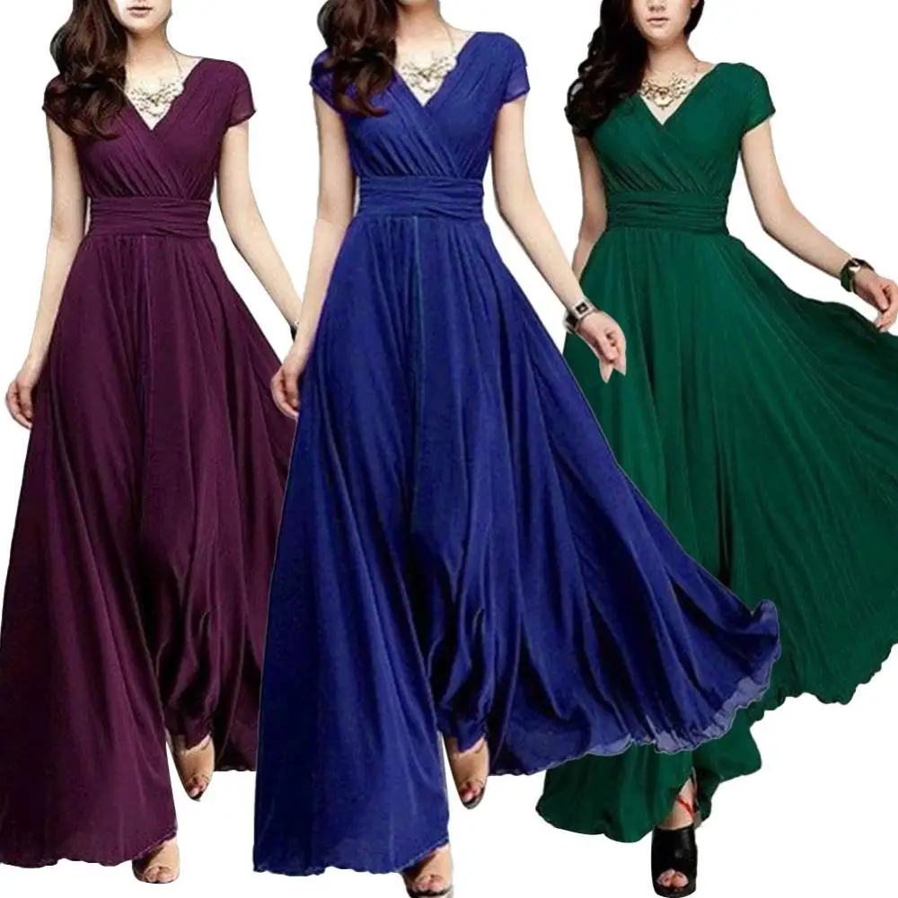 

Hot summer Bohemian Women Solid Color Short Sleeve V Neck Tight Waist Maxi Evening Dress Tight Waist Maxi Evening Dress