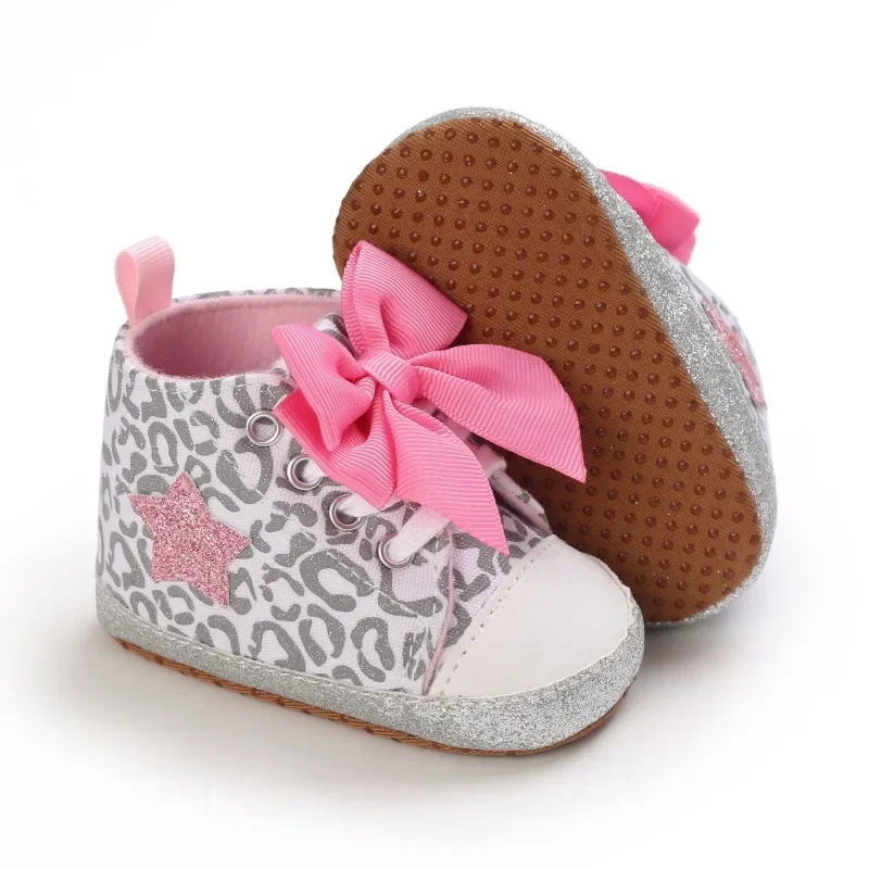 0-12M Newborn Baby Girl Boys Shoes Leopard Star Printed Bowknot Walking Soft-Soled First Walker Shoes 4