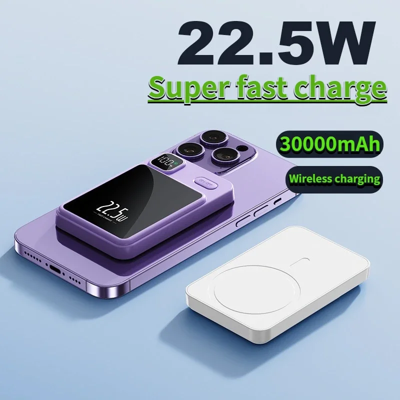 Portable Wireless Power Bank, Magnetic Qi Powerbank, Type C Fast Charger for iPhone 8-15, Mini, MaCsafe, 30000mAh, 22.5W