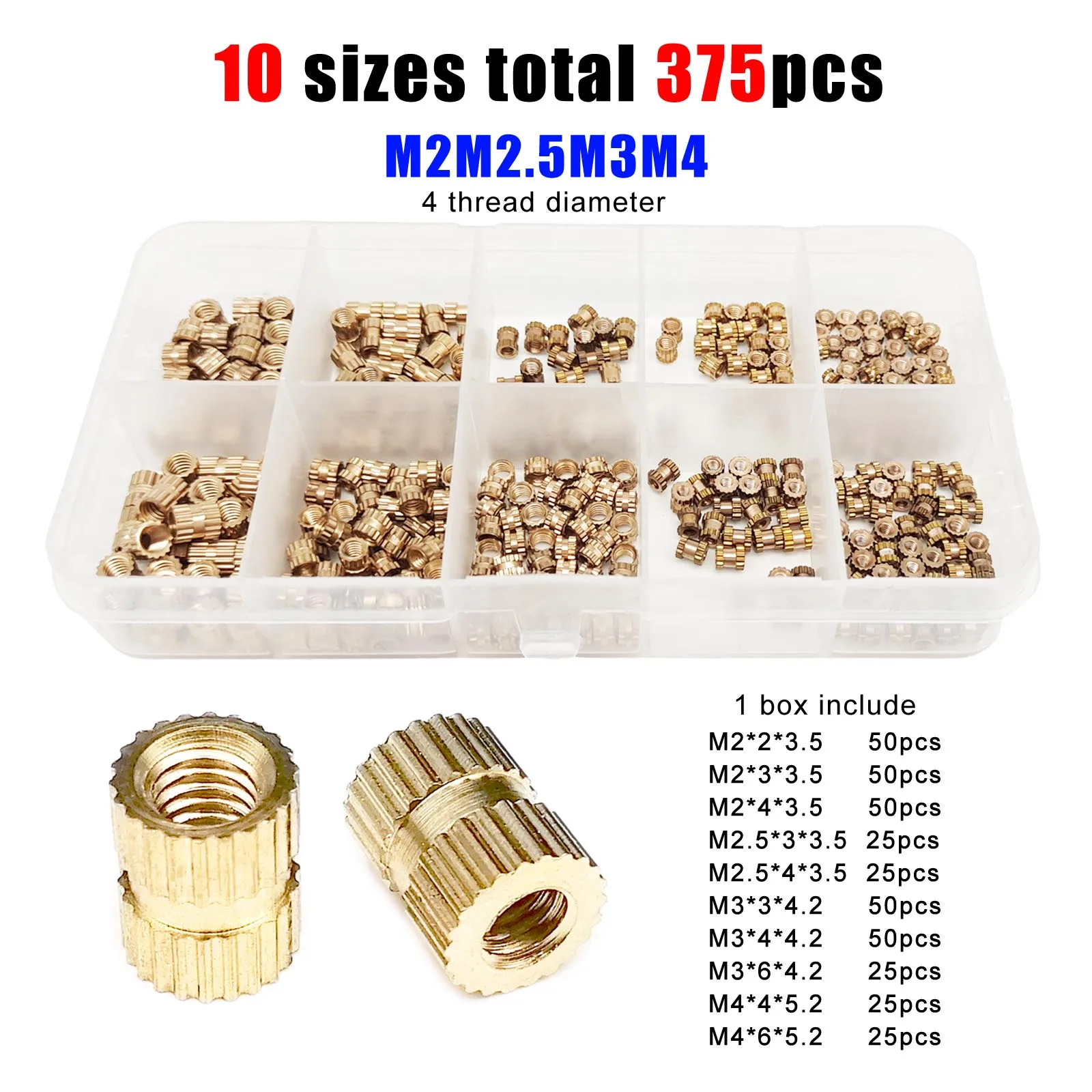 insert nut 375/400pcs Injection Molding Knurl Insert Nut Embedded Nutsert Assortment Kit Set 10 Mix Size M2 M2.5 M3 M4 Solid Brass Copper
