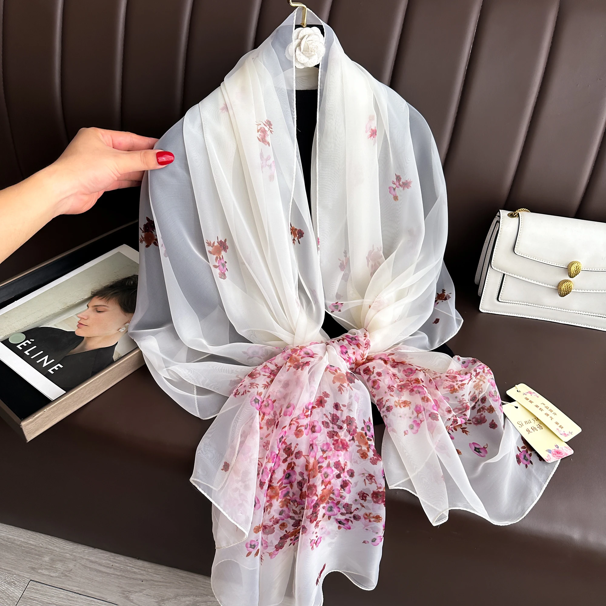 2025 Fashion Silk Scarf Women Foulard Thin Stoles Beach Travel Tippet Floral Long Veil Shawl Luxury Scarves Soft Premium Pareos
