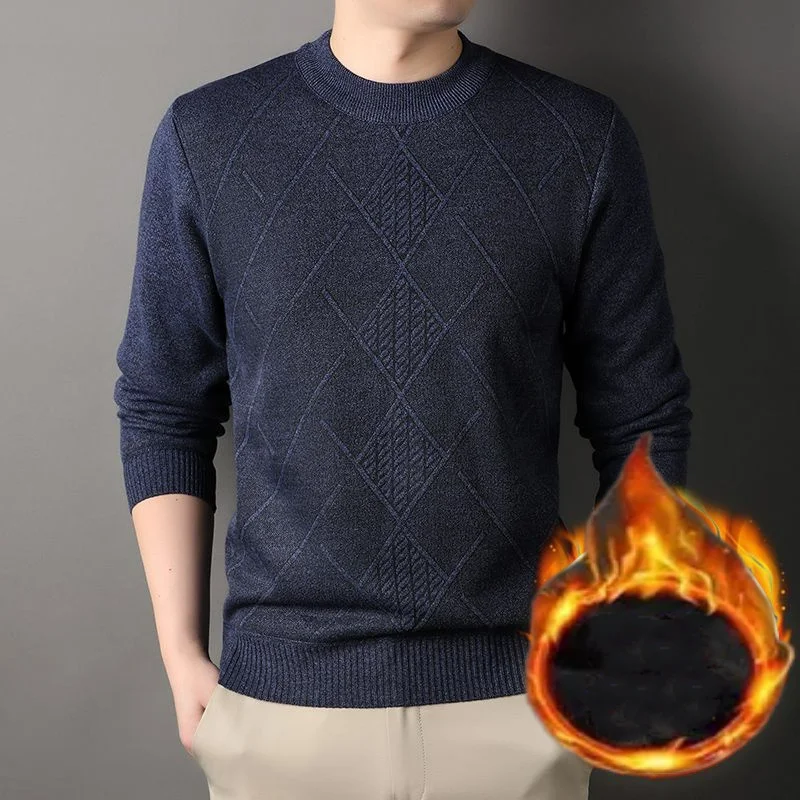 Autumn Winter Men Fleece Thicken Warm Long Sleeve Sweater Fashion Business Casual Versatile Loose Bottoming Knit Pullovers Top