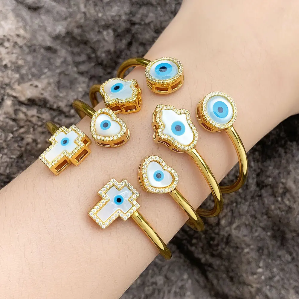 

Blue Evil Eye Bracelet Hand of Fatima Turkey Bangles Women's Gold Color Luxury Zircon Bracelets Fashion Open Adjustable Bracelet