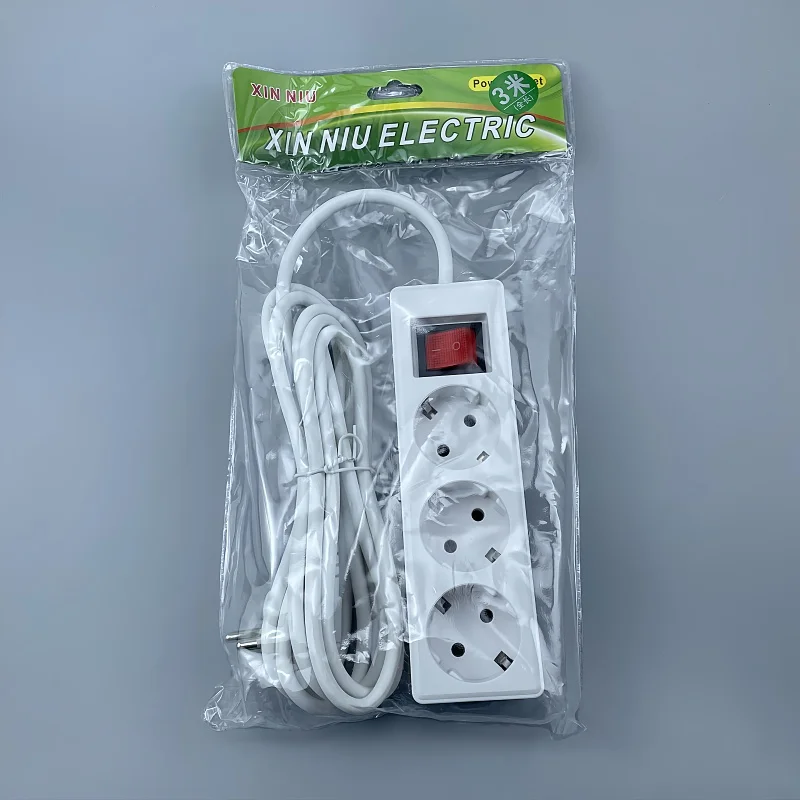 EU Home Standard German Type Power Strip 3/4/5 Sockets in Row Flat Adapter Light Switch with Surge Protector Extension Cable 3M 6