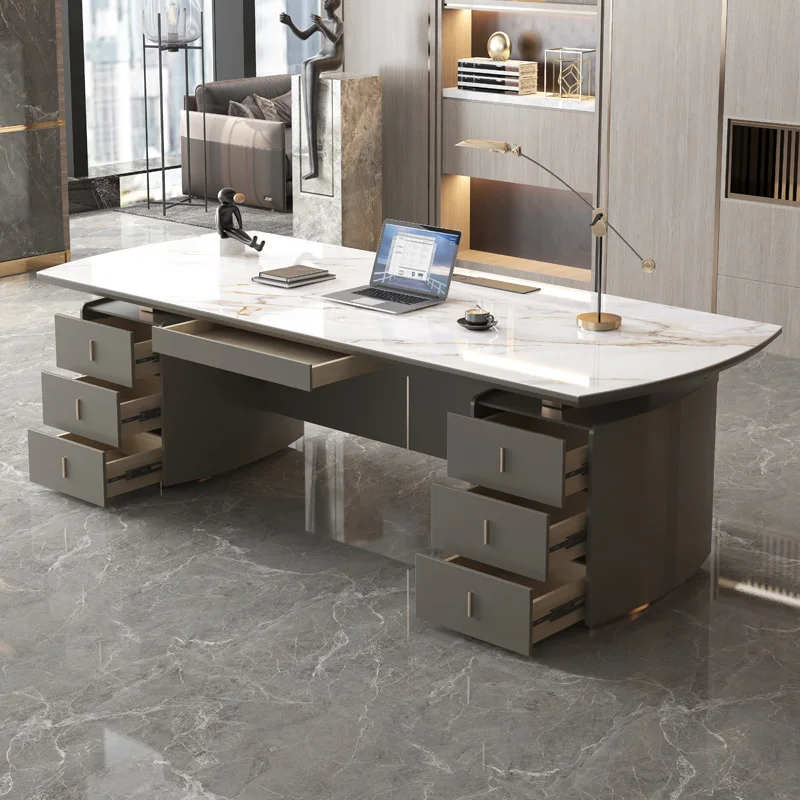 Light Luxury Glossy Rock Panel Office Desk And Chairs Baked Lacquer Boss Desk Simple Modern Writing Desk President Desk