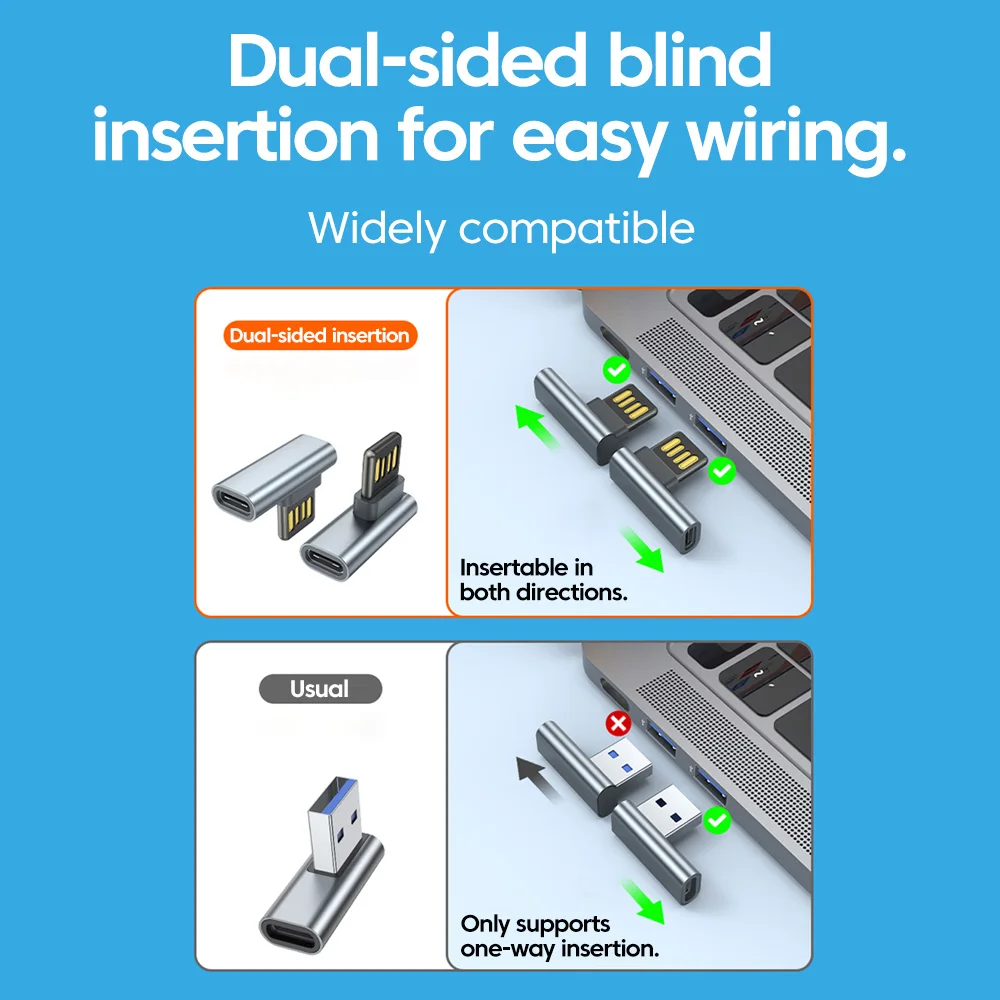 60W 고속 충전 USB C 어댑터 90 °   팔꿈치 양면 USB A 남성 - iPhone 15 16 Pro용 C형 데이터 전송 헤드폰 어댑터