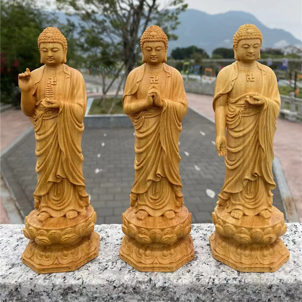 

Carving Of Western Three Saints Amitabha Statue On Cliff Cypress Wood Great Sun Tathagata Buddha Shakyamuni Crafts Decoration