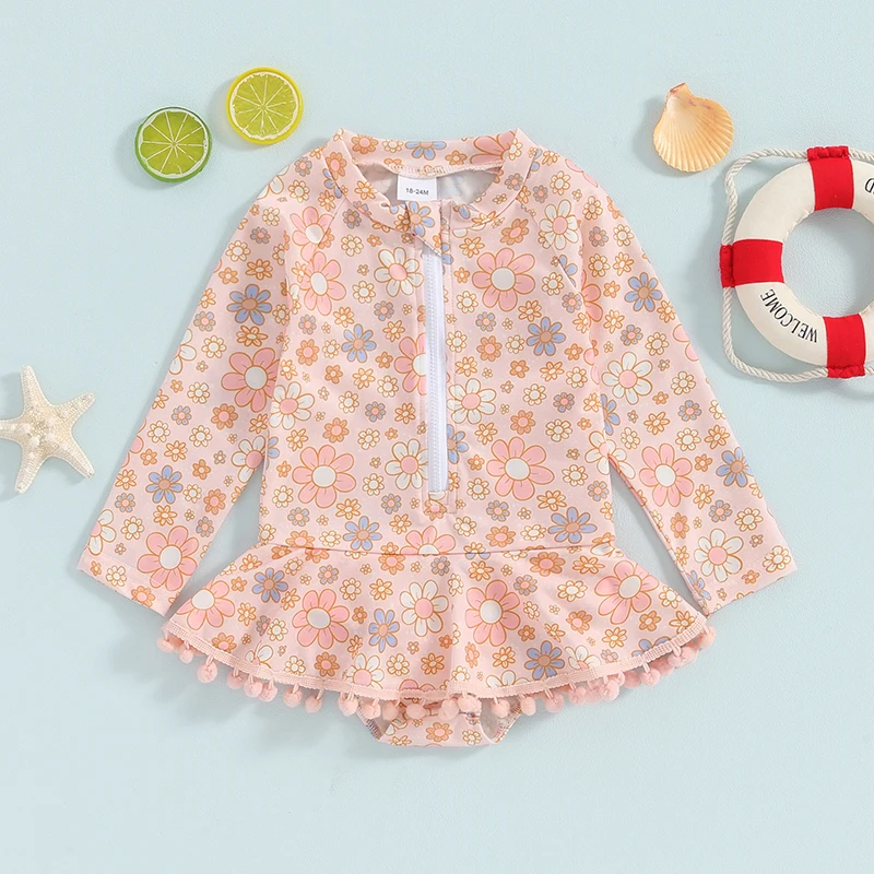 귀여운 꽃 프린트 꽃무늬 통합 수영복, 긴팔 래시가드 수영복,  수영복, 18M-6T Girls 여름 핑크