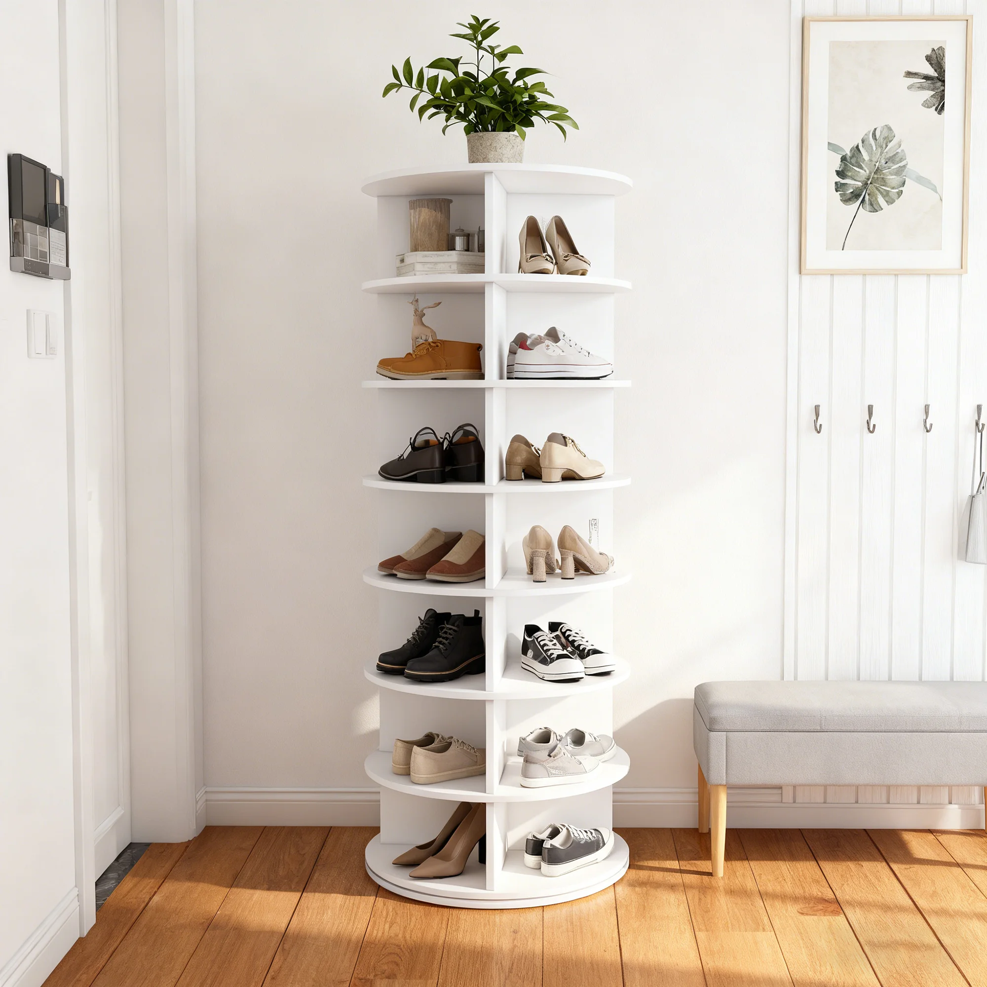 Tour d'étagère à chaussures rotative à 7 niveaux 360 °   Étagère à chaussures rotative pour 28 paires – gain de place, blanc (60x60x161cm)