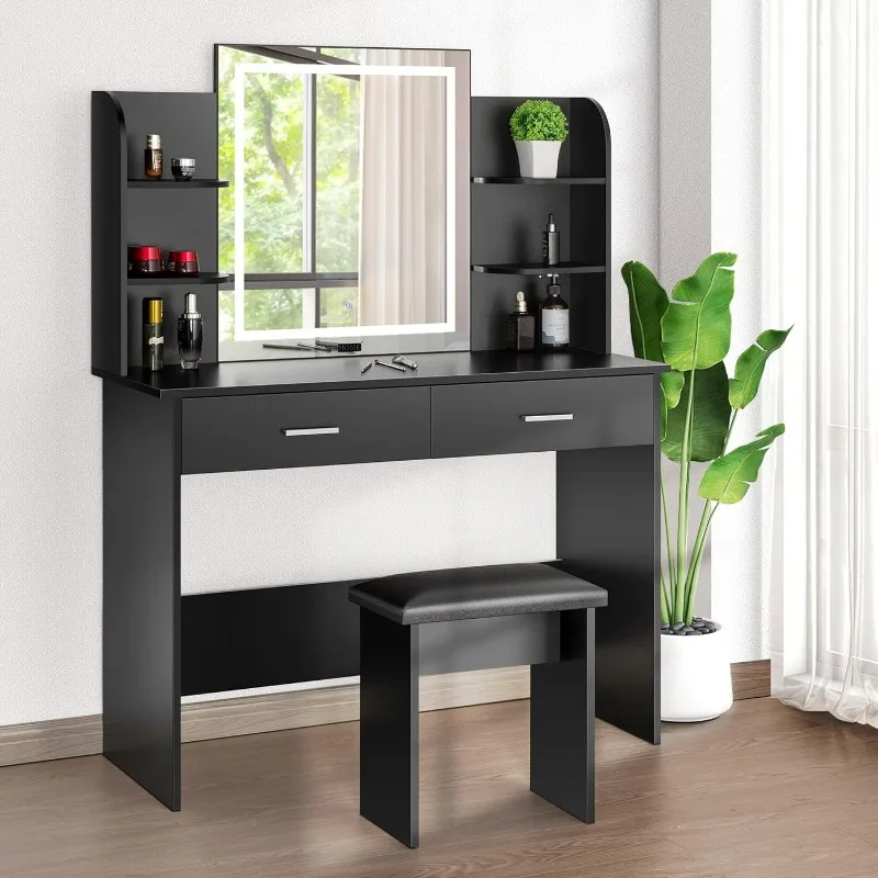 

VIVOHOME Makeup Vanity Table Set with 3-Color Dimmable Lighted Mirror, 6 Storage Shelves, 2 Drawers, Cushioned Stool, Black