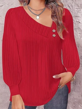 Women's Asymmetric V-Neck Ribbed Long Sleeve Blouse with Decorative Buttons, Casual Loose Fit Textured Top for Fall & Winter Dai 1