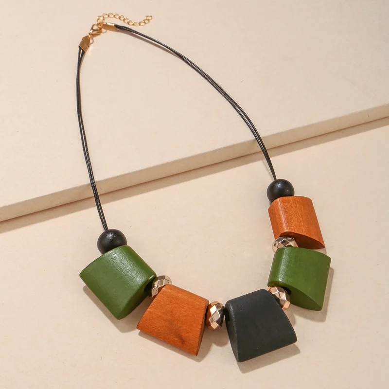 Women Vintage Ethnic Statement Bib Necklace Geometric Ladder Wood Beads Necklaces Pendants New Fashion Collar Neck Jewelry