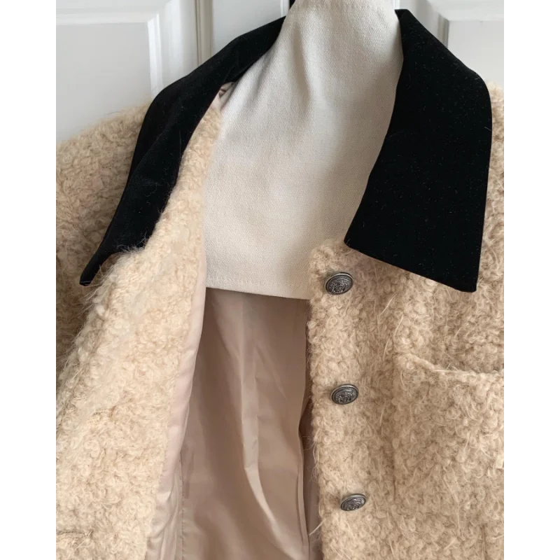 Khaki Stitching Lapel French Vintage Women Coat Small Fragrant Korea Long Sleeve Pocket Elegant Casual Short Coat Autumn Winter