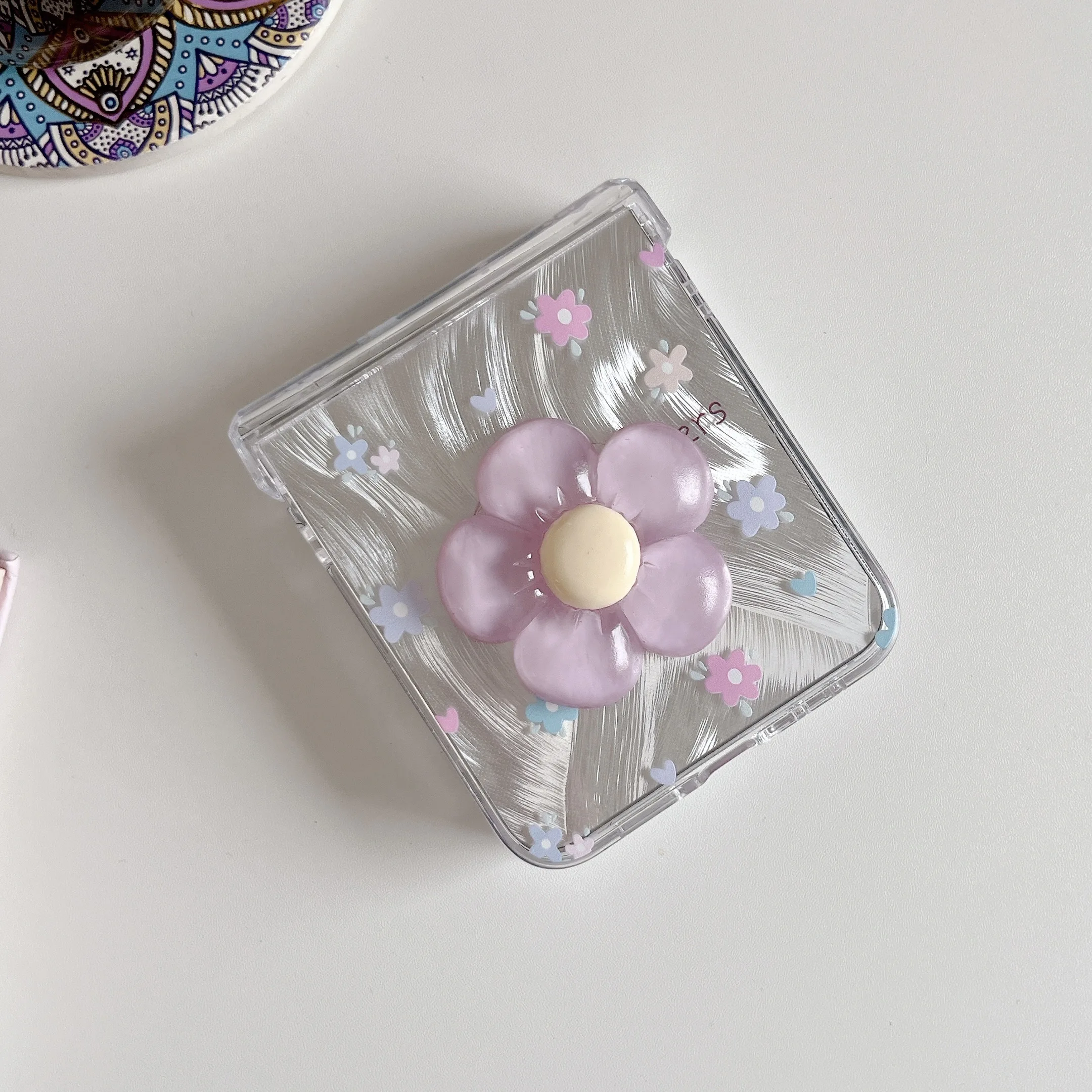 3D Purple Flower Blooming Dual-Mode Clear Protective Case with Lanyard - Middle Axis Design