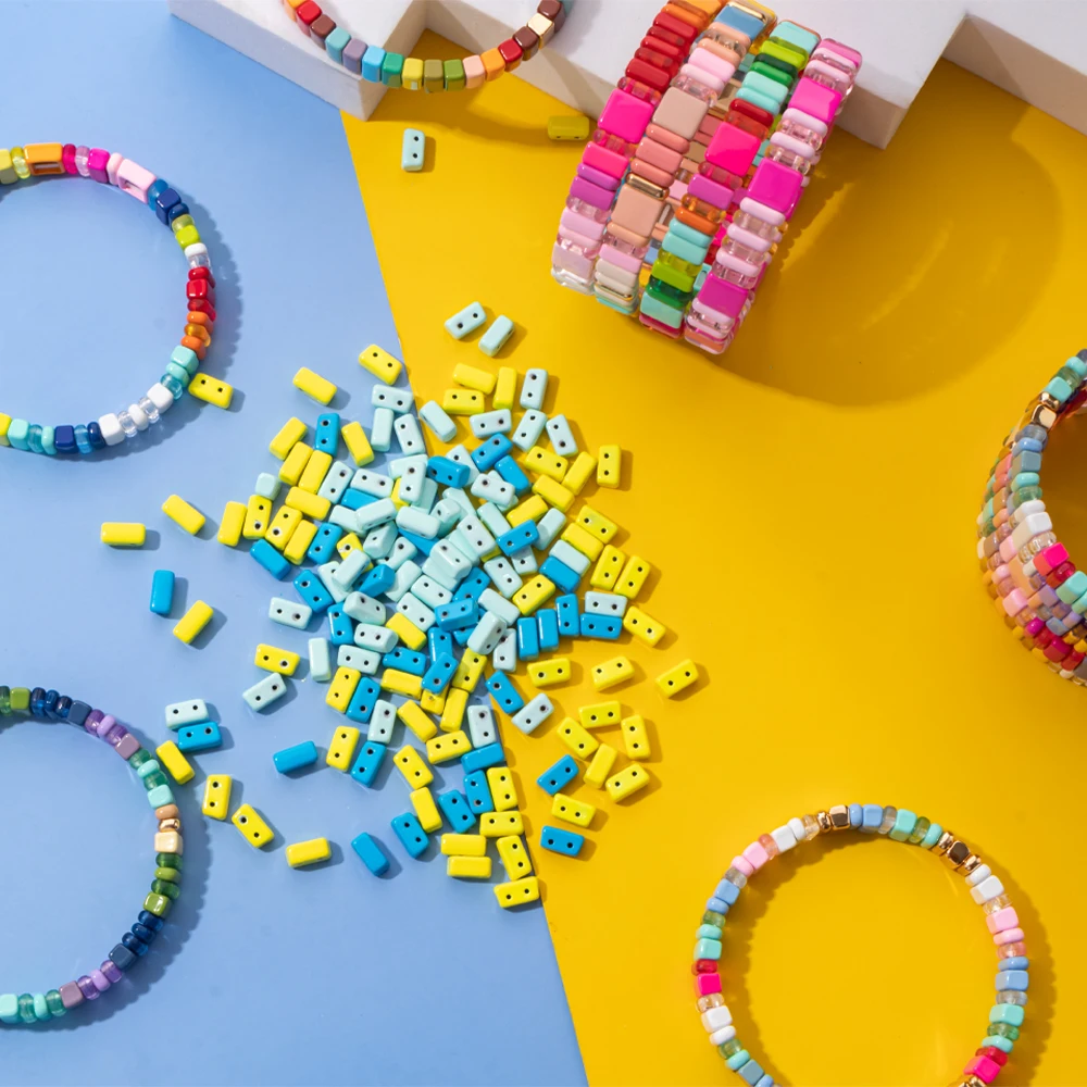 30pcs 4x8MM Enamel Beads for Jewelry Making Colorful Boho Bangle Handmade DIY Beads Rectangle Shape Elastic Bracelets Accessory