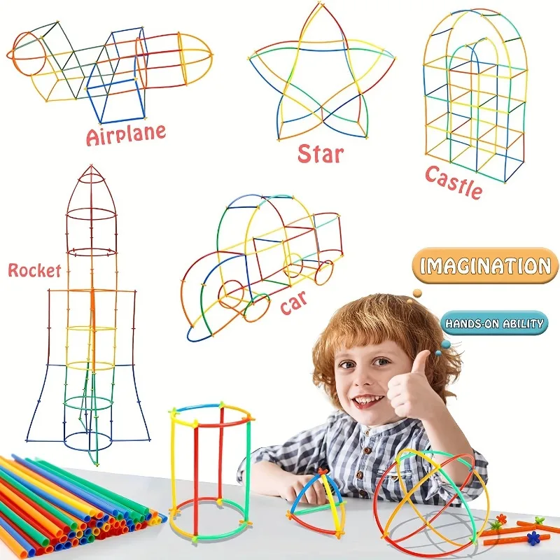Straw Constructor Toys 100pcs STEM Building Toys Interlocking Plastic Thin Tube Building Blocks Educational Toy Boy and Girl