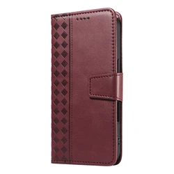 Magnetic Luxury Leather Phone Case with Cat Dandelion Design - Galaxy A17 5G (Grid - Wine Red)