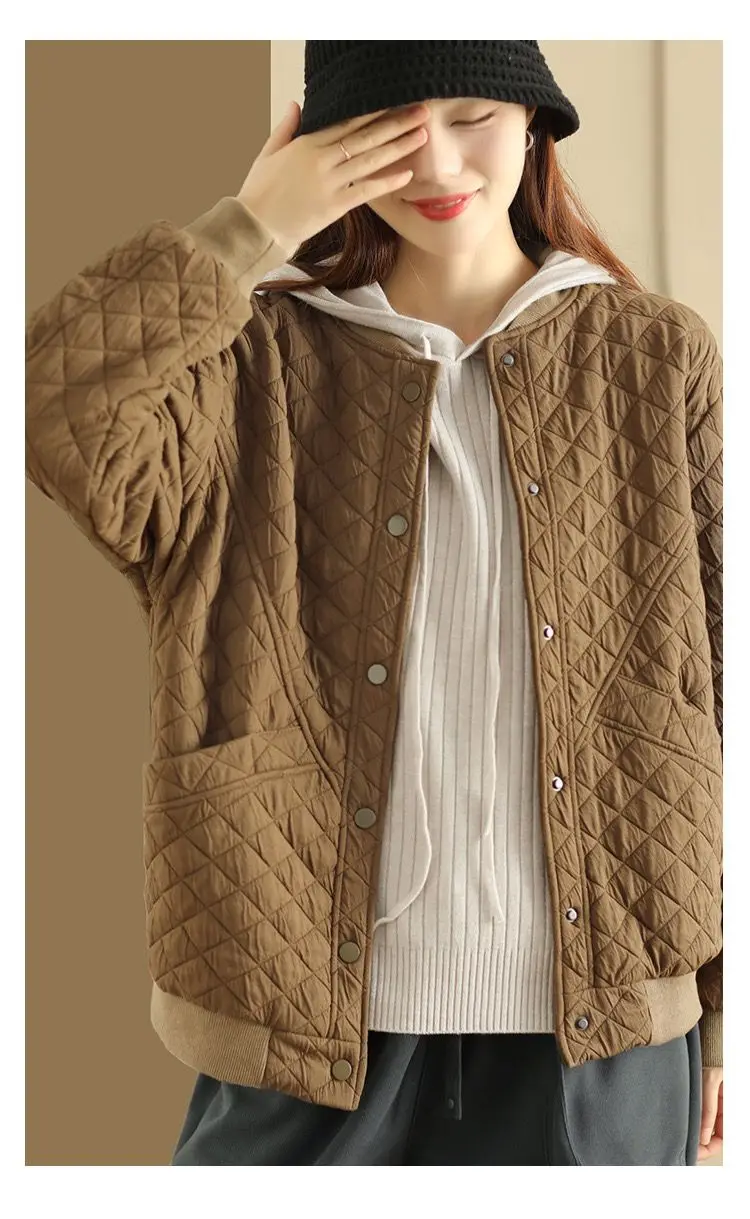 Diamond Plaid Thickened Jacket Women Threaded Cotton Round Neck Long Sleeve Baseball Jersey Loose Cardigan Solid Tops Warm