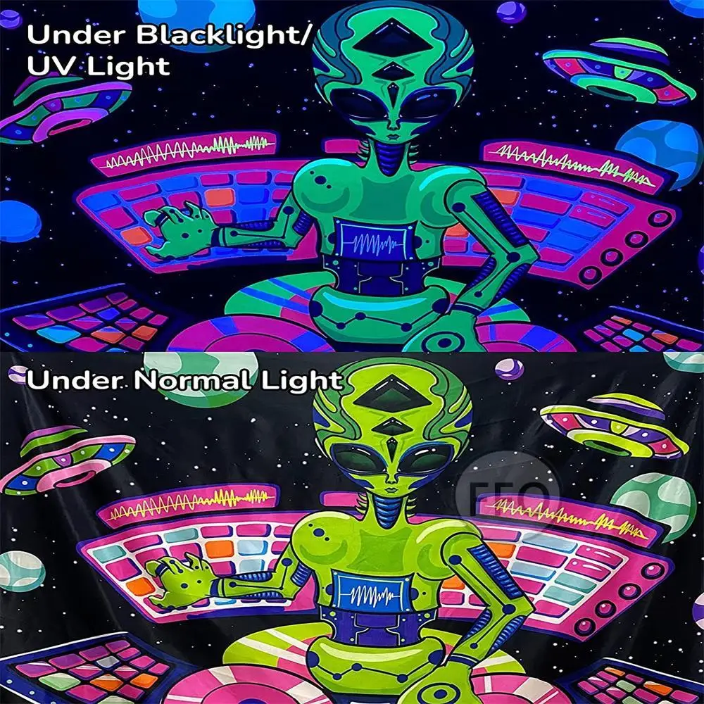 hvorfor relæ hvordan Alien DJ Blacklight Tapestry Wall Hanging UV Reactive Cartoons Black Light  Tapestry Glow In The Dark Neon Room Decor Aesthetic - AliExpress