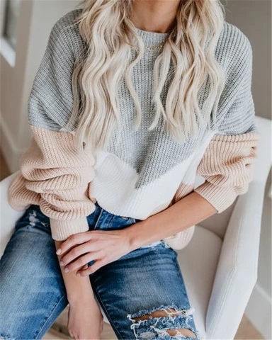 Size Loose Knitted Sweater Women Jumpers Long Sleeve Woman Pullovers Sweaters Casual Winter Color Block Striped Sweater