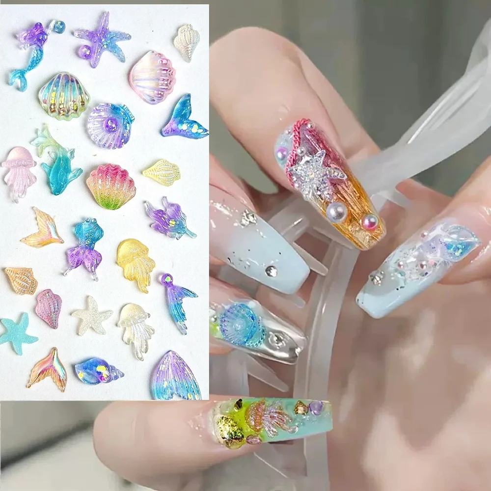 50개 3D 무지개빛 여름 바다 네일 참 장식 믹스 쉘 해파리 불가사리 네일 아트 데코레이션 DIY 비치 매니큐어 액세서리