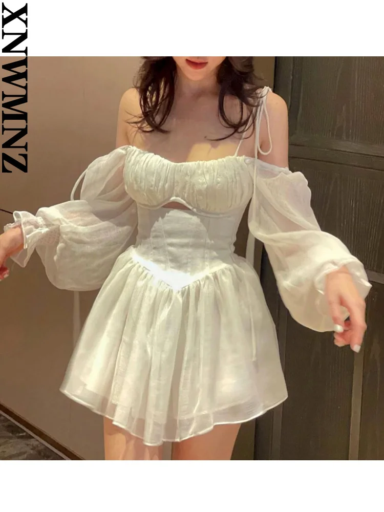 

XNWMNZ 2023 Women Fashion Thin Strap Hollow out Dress Woman French Retro Off Shoulder Lantern Sleeves Slim Female Mini Dresses