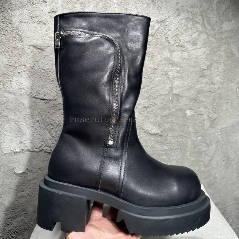 Women Men Fashion Neutral Mid Calf Boots Round Toe Square Heels Genuine Leather Boots Zipper Design Black High Quality Boots 8 S137aaf26b2fe46f98a8b3140b5c93ef3e