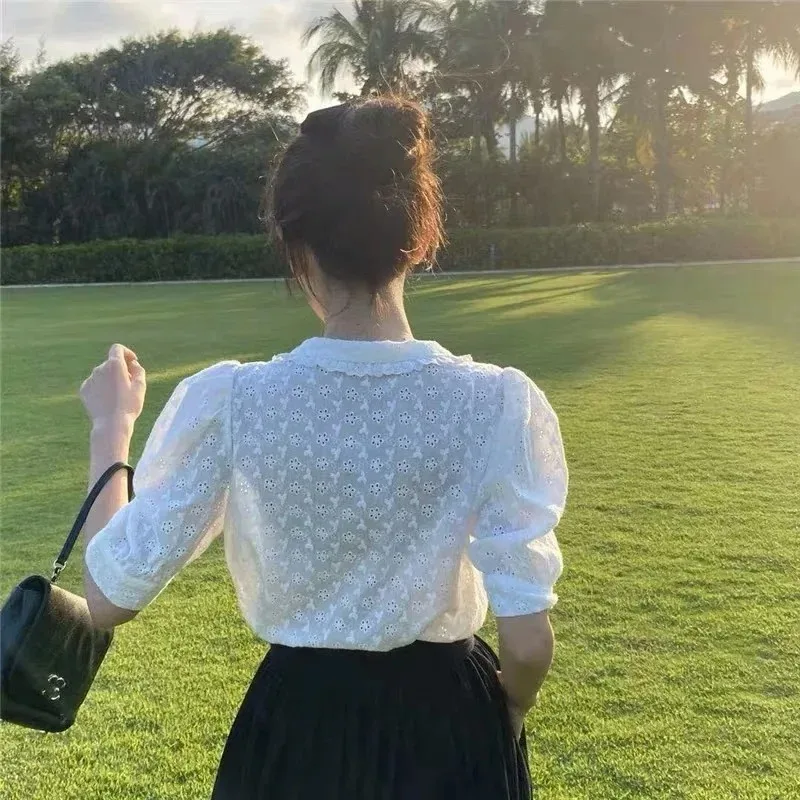 White Lace Blouse for Women Sweet Chic Puff Short Sleeve Shirt Hollow Flower Korean Peter Pan Collar Summer Tops 2025 13919