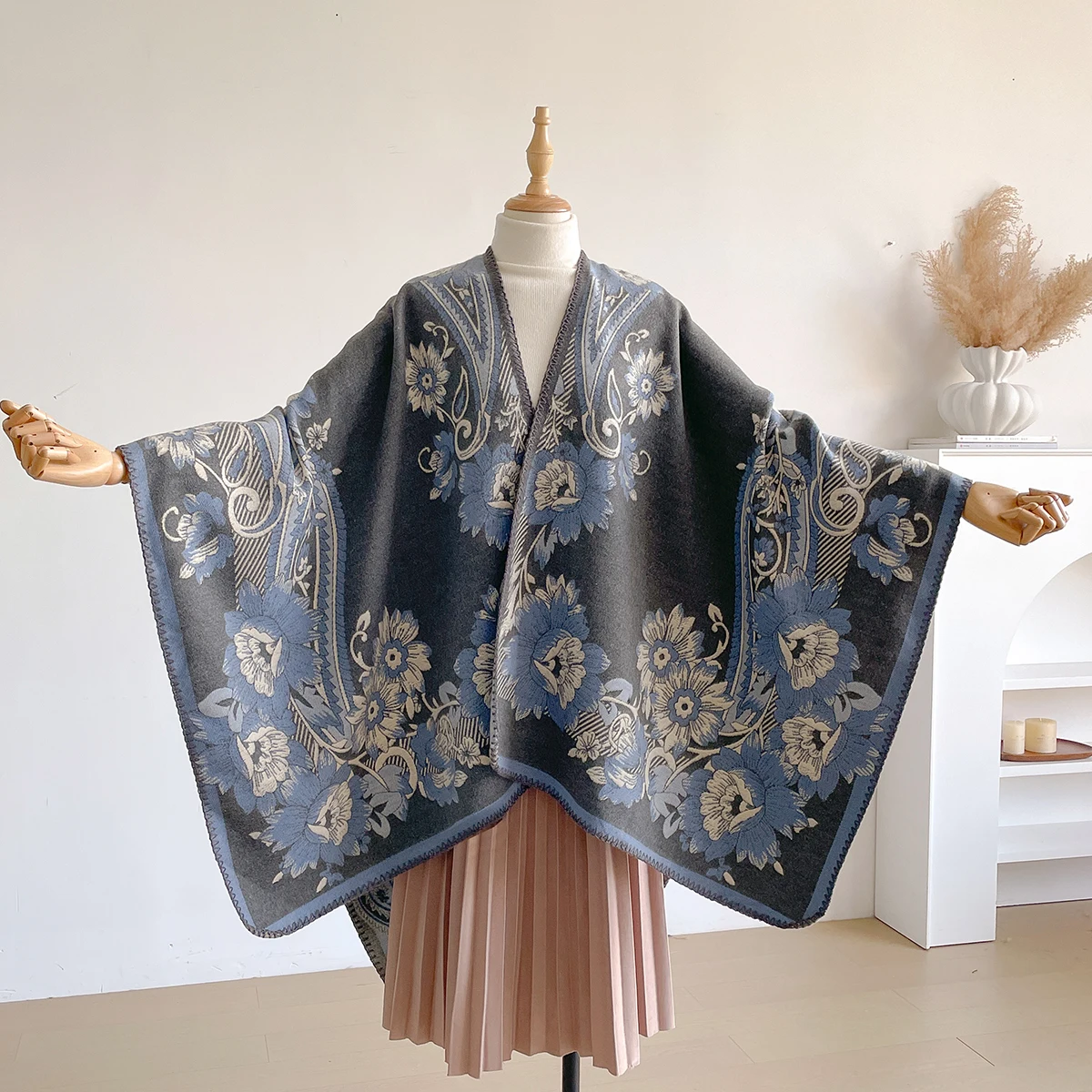 Brand Fashion Women's Winter Cashmere Shawl - Bright Floral Oil Painting Printed Pashmina Thick Wrap, Poncho & Echarpe