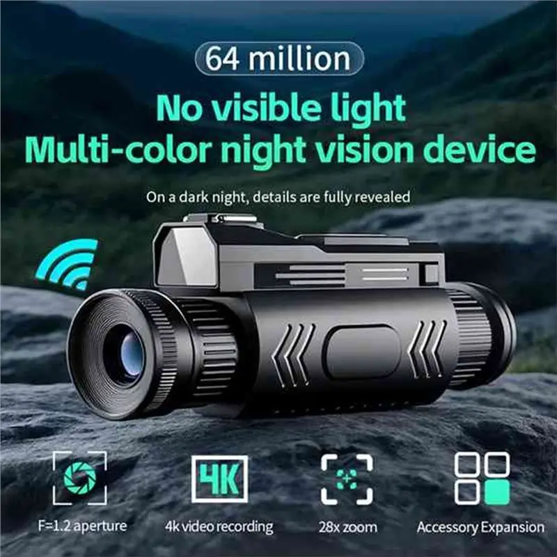 AEF6-D12 4K 디지털 나이트 비전 단안경 28X 적외선 나이트 비전 고글 68MP 디지털 줌 와이파이 망원경(렌즈 후드 포함)