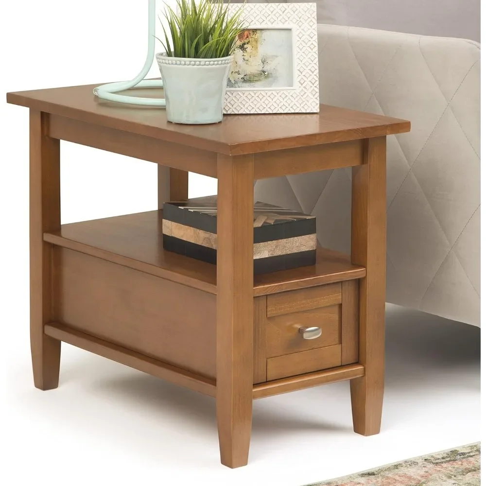 

Warm Shaker SOLID WOOD 14 inch wide Rectangle Rustic Narrow Side Table in Light Golden Brown with Storage, 1 Drawer and 1 Shelf