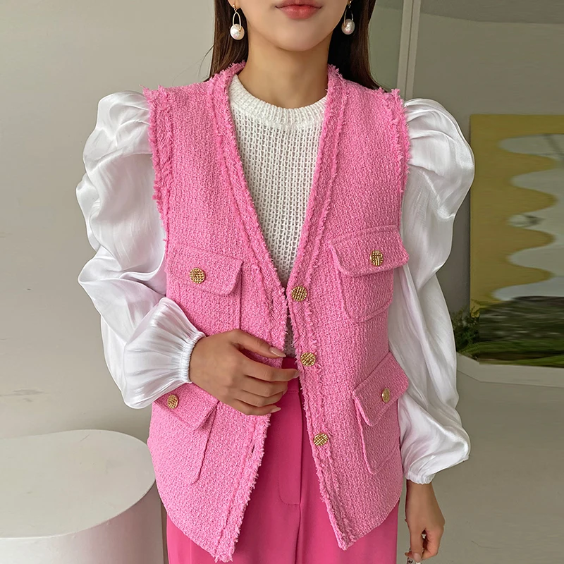 

Clothland Women Vintage Tweed Waistcoat V Neck Single Breasted Pocket Sleeveless Jacket Vest Outwear Coat Tops MA96