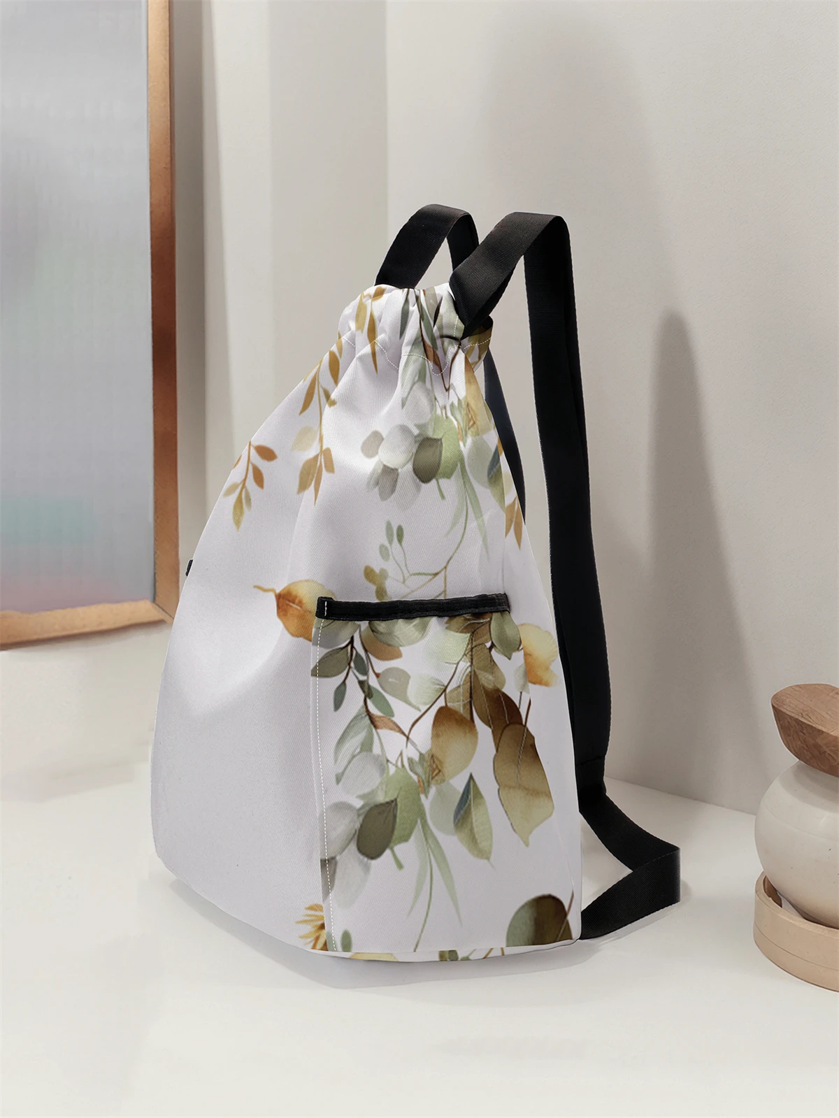 Leaf Pattern Drawstring Backpack - Large Capacity Durable Fitness Bag, Adjustable Shoulder Straps, Sports Beach Backpack