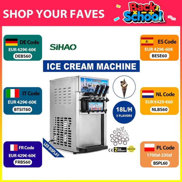 SIHAO Machine à crème glacée molle commerciale – Tri-saveur 18L/H avec écran LCD et nettoyage à une touche pour les desserts, les cafés 1