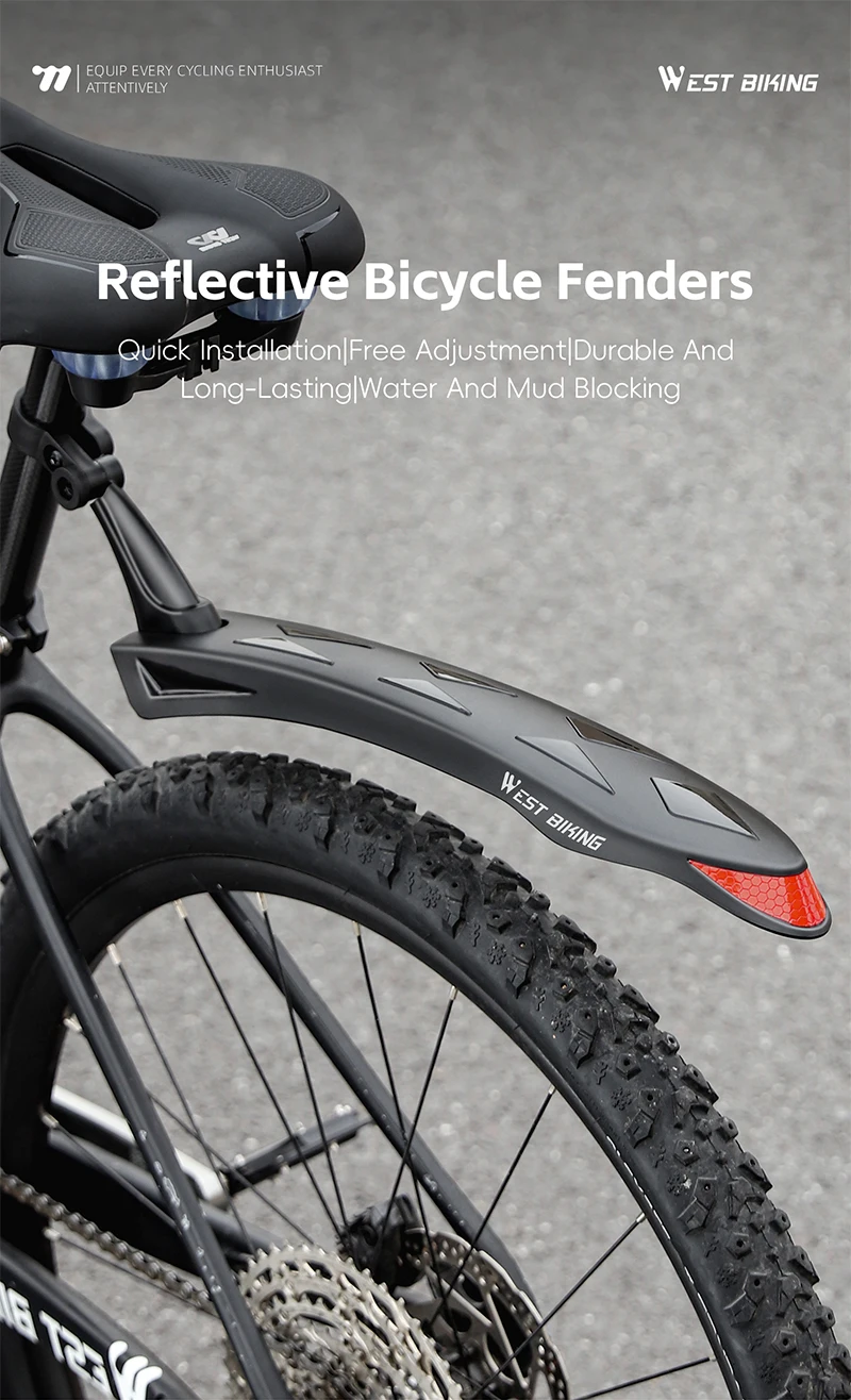 WEST BIKING 2 Stück Reflektierende Fahrradschutzbleche Langlebige Verstellbare Schutzbleche MTB Fahrrad Vorder- und Hinterradschutzblech Fahrradzubehör für 26-27,5 Zoll – Detail 1