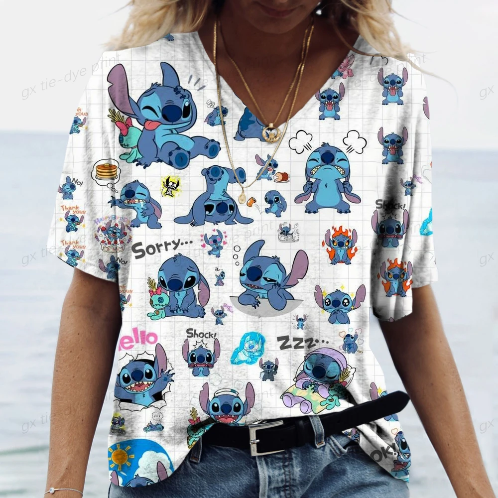 Women's T-shirt Disney Stitch Pattern Printed T-shirt Summer V-neck Short Sleeved T-shirt Large women's Harajuku Street Clothing