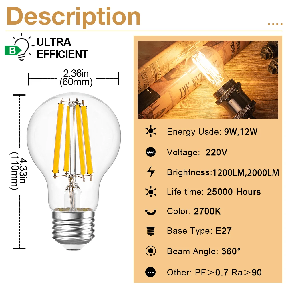 E27 빈티지 LED 필라멘트 전구 A19 220V 웜 화이트 2700K 레트로 에디슨 전구 9W 12W 투명 유리 1800LM 1200LM 램프 전구