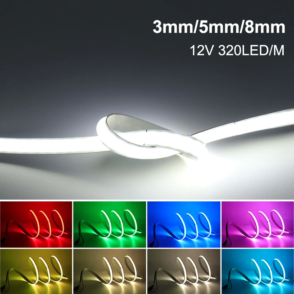 

12V COB LED Strip Light 3mm/5mm/8mm Width 320 LEDs Flexible Linear Light Bar High Density Warm Natural Cold White Red Blue Green
