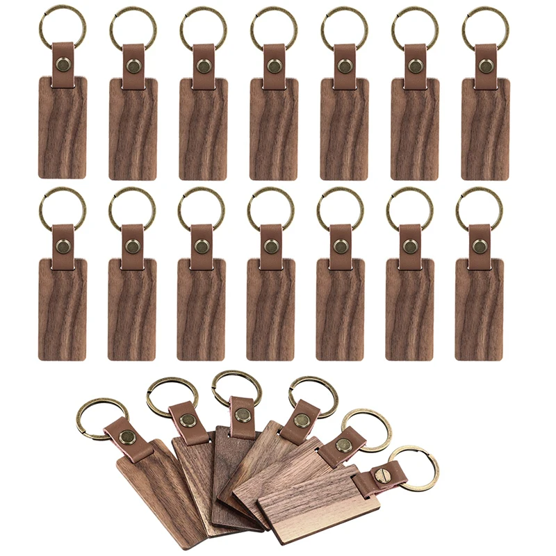30Pcs Wood Blank Keychains with Leather Strap Walnut Keychains Blank Wood Keyrings DIY Key Tags