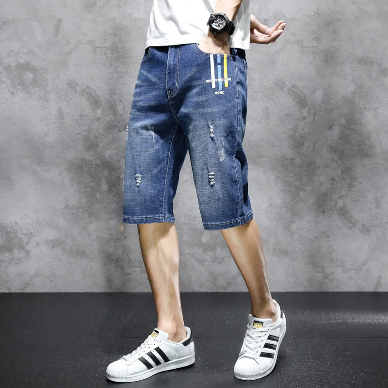 Summer Mid Waist Denim Shorts Fashion Straight Youthful Vitality Men's Clothing Korean Button Casual Distressed Hole Knee Pants