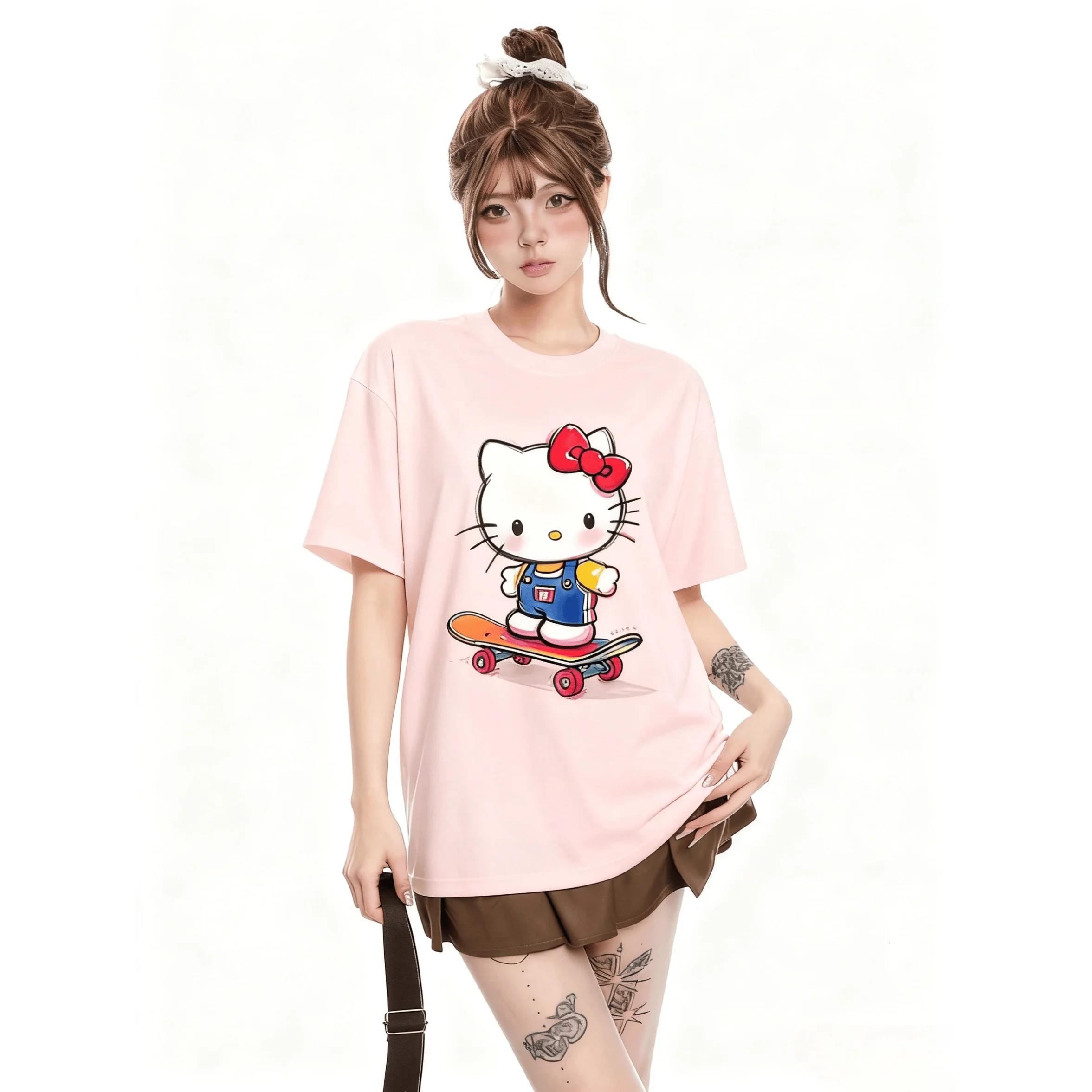 Sanrio 헬로 키티 스케이트보드 프린트 티셔츠 성인 및 어린이용 Y2K 고딕 스타일 반소매 티셔츠 여름 캐주얼 탑