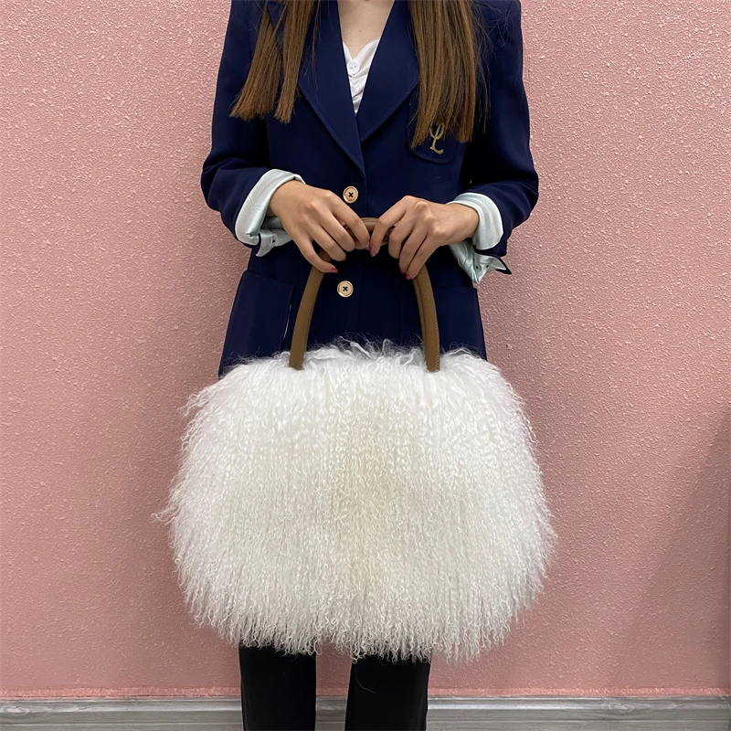Factory Wholesale New Fashion Design Luxury Real Mongolian Lamb Fur Bag Sheep Fur Shoulder Bag 4