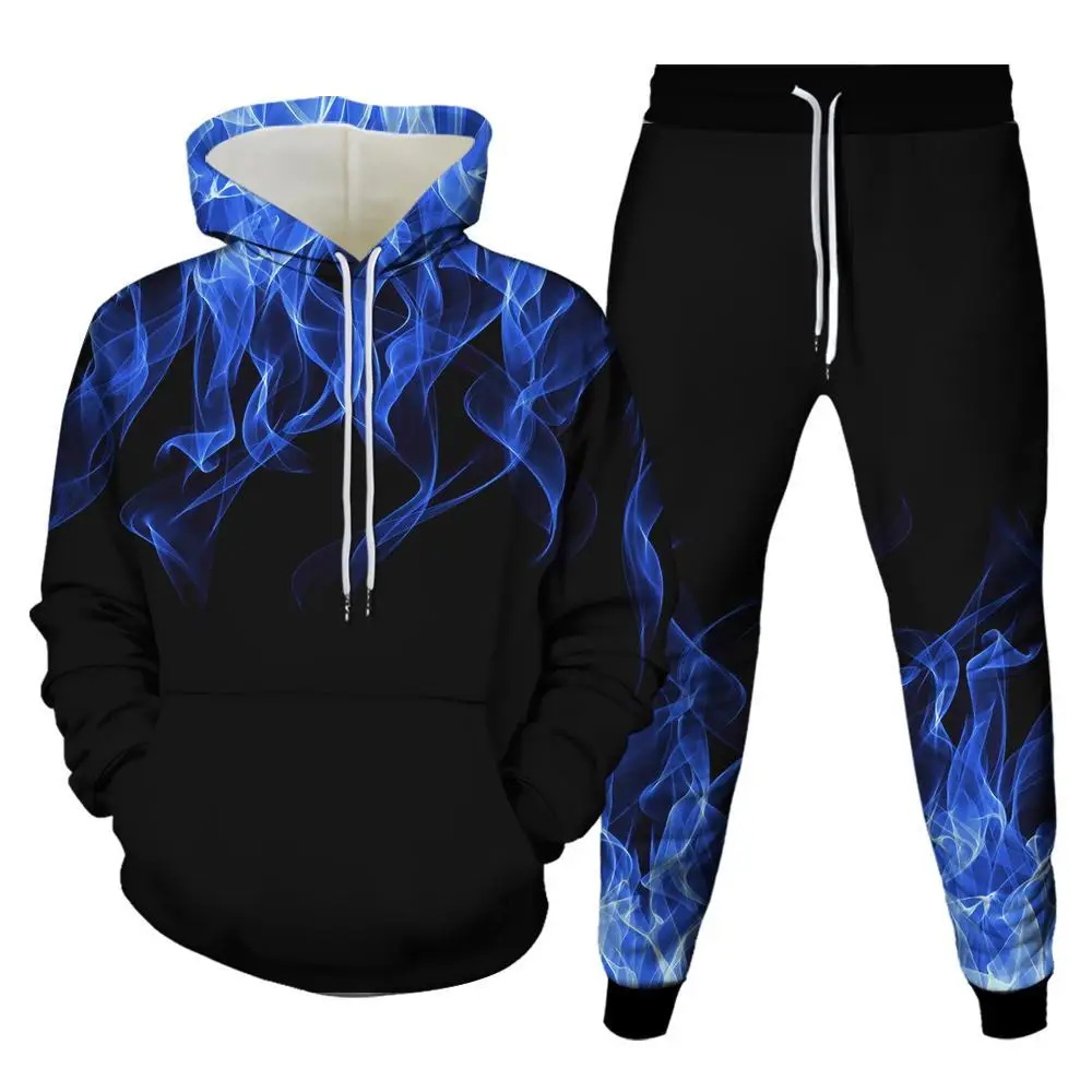 2023 Fashion 2 Piece Flame 3D Printing New Unisex Hoodie Jogging Pants Brand Men's Pullover Hooded Sweatshirt Couple Set