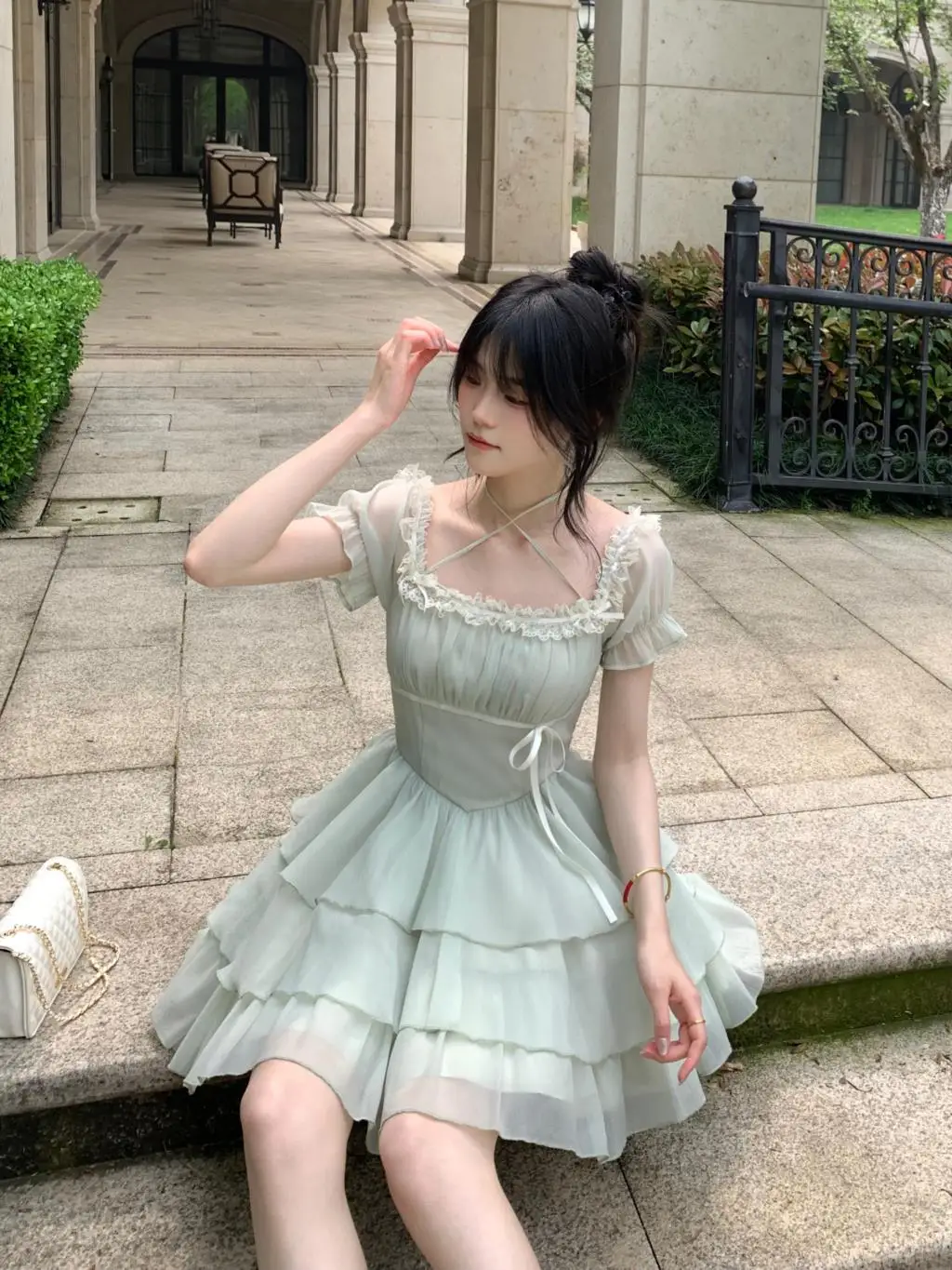 Y2K Princess Birthday Party Dress Lace Patchwork Short Dresses for Women Puff Sleeves Ruffles A-line Cake Vestido Mujer New