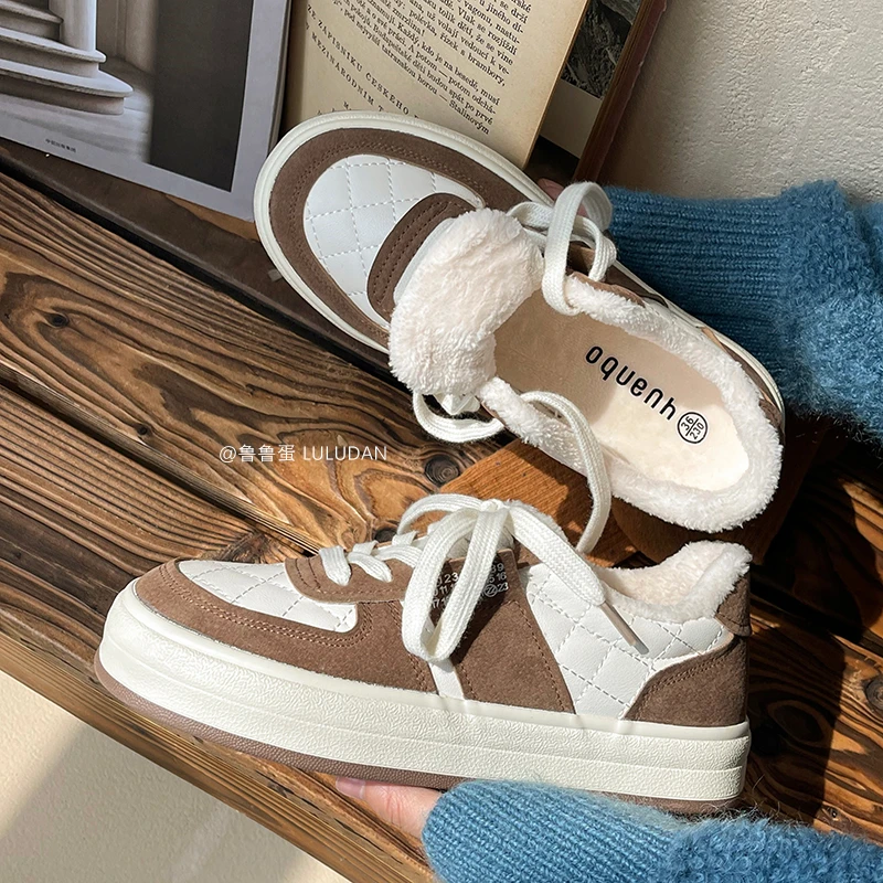 Zapatillas de deporte para de invierno con botas de nieve de piel, zapatillas deportivas de felpa para mujer, zapatos de algodón para mujer, Beige, novedad de 2023| | - AliExpress