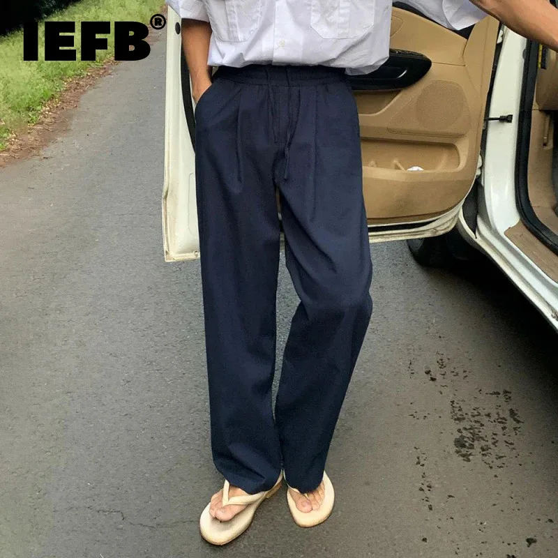 

IEFB 2024 Summer New Men's Casual Pants Korean Style Lazy Wind Solid Color Elastic Waist Trousers Lace-up Loose Straight 9C5646