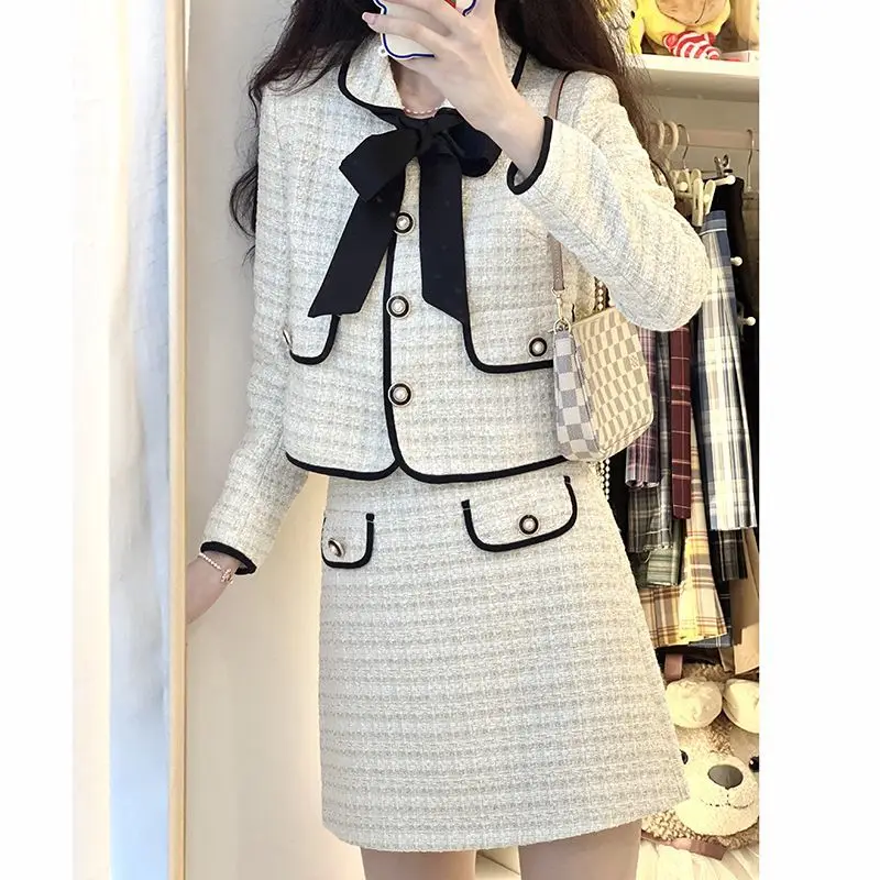 

UNXX Elegant Tweed Jacket and Skirt Set Women 2023 New Autumn Bow Tie Short Coat and A-line Skirt Suit High Quality 2 Piece Set